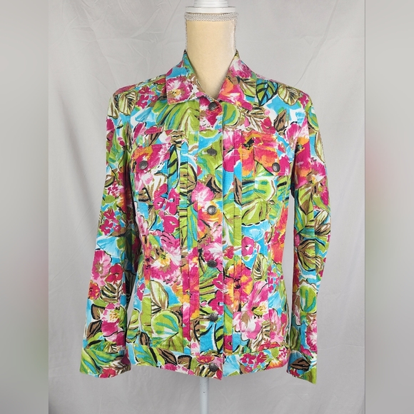 Chico's Tropical Floral Button Up Travel Artsy Jean Jacket Denim sz 1 (M/8) - Picture 1 of 8